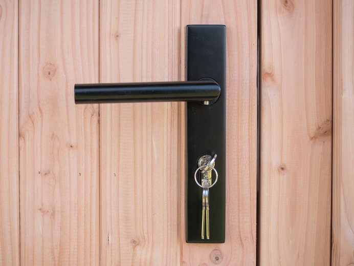 Sobriquette terrorisme Schaar Douglas deur, buitenmaat 90x201cm, rechtsdraaiend incl. zwart deurbeslag  1034368